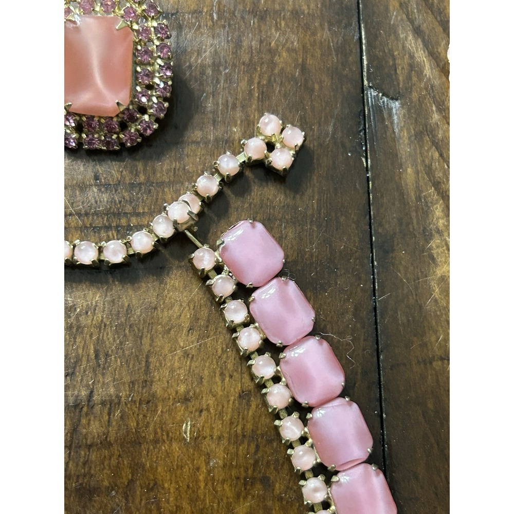 Vintage Pink Rhinestone Moonglow Cabochon Set‎ Necklace Bracelet Earrings - Picture 4 of 8